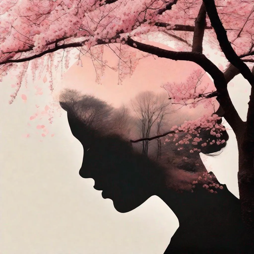 Prompt: (Double exposure effect:1.3) of (female portrait :1.2) (silhouette:1.1) superimposed against sakura trees, by Dan Mountford, by Dan Hillier, soft colors, negative space, photoillustration