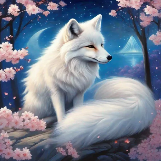 Prompt: Imagine a white magical fox, resting in a cherry blossom forest, Japanese shrine in the background, glowing blue night sky, blue wisps flying. Art by  Cecily Mary Barker