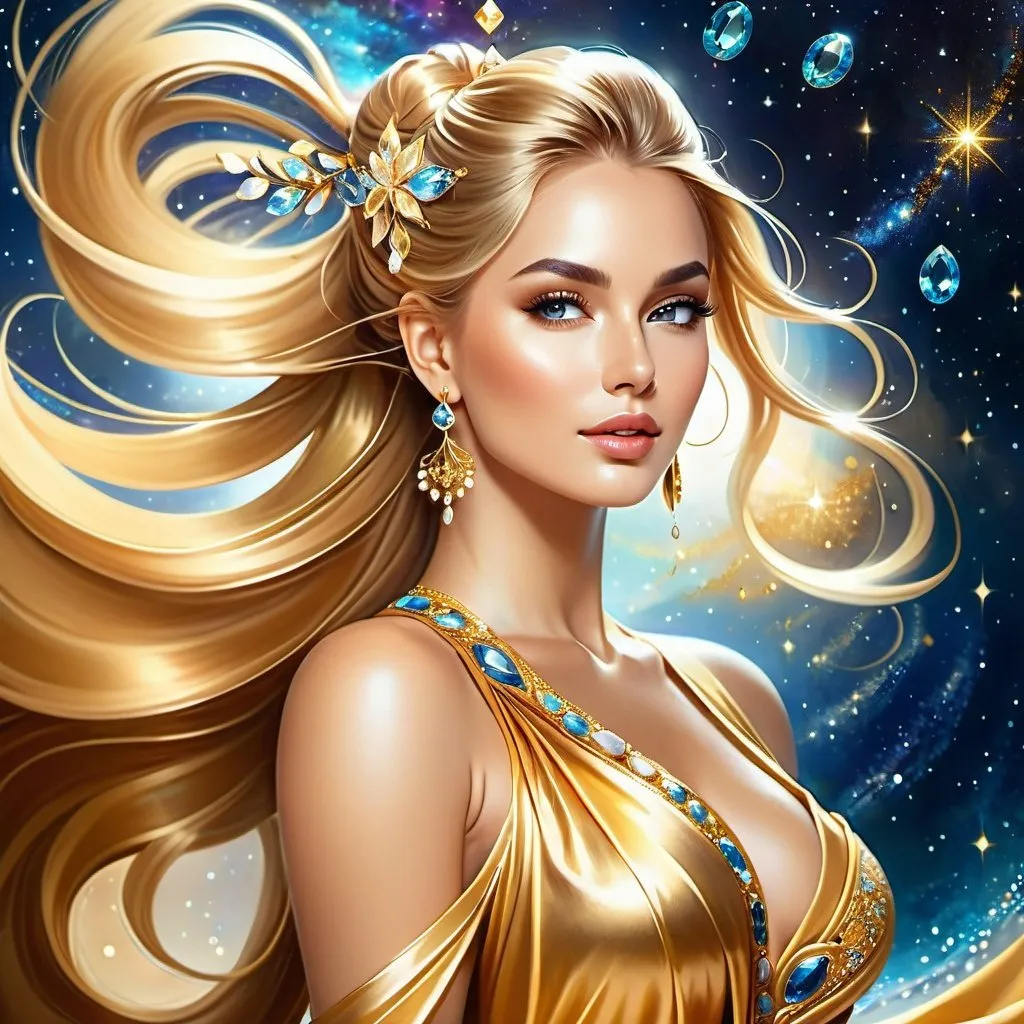 Prompt: Illustration: a woman with long golden hair tied in a ponytail that moves with the wind and a golden dress with precious stones portrait of a Cosmic Goddess, goddess of galaxies Goddess of space and time, A stunning portrait of a goddess., fantasy woman, karol bak uhd,