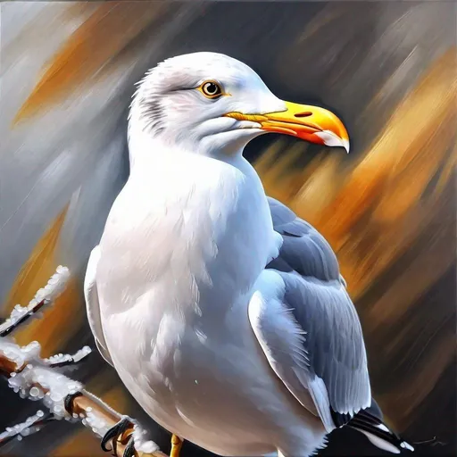 Prompt: realistic oil painting portrait of the seagull feathers look bright pure white and soft gray, morning dew sticks to the body, sits on a branch 3D HD