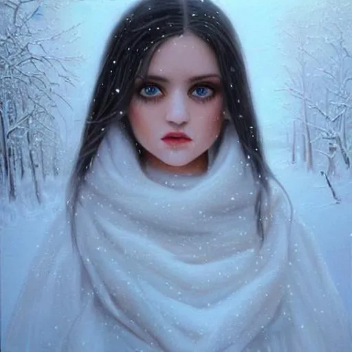 Prompt: Hyperrealism, Oil Painting, snowy landscape, Russian woman, full body, beautiful well-defined face, big eyes, sensual lips, white dress, straight white hair, mythical, elegant,
volumetric lighting, by Anne Stokes and
noriyoshi ohrai
