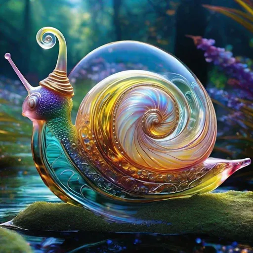 Prompt: (((beautiful snail with its shell  transparent Majestic glass))-  
Award winning, concept design, polycarbonate, visible inside it internals.
Art by lisa frank and karol bak and Kirsty Mitchell . surreal, ethereal, dreamy, mysterious, fantasy, highly detailed, perfect composition, glorious background