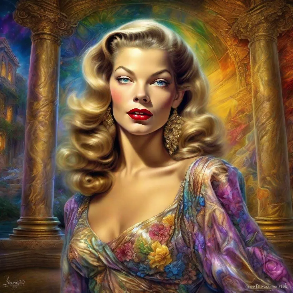 Prompt: Revealing Outfit Lauren Bacall "Pinup Goddess" Amazing Depth, Unique, Artistic Composition and Stunning Accurate Description, HDR, Masterpiece Background with Golden Columns Without Flowers, Polished, Colorful, Trend in Artstation Art Style" by Josephine Wall and Jasmine Becket. Griffith