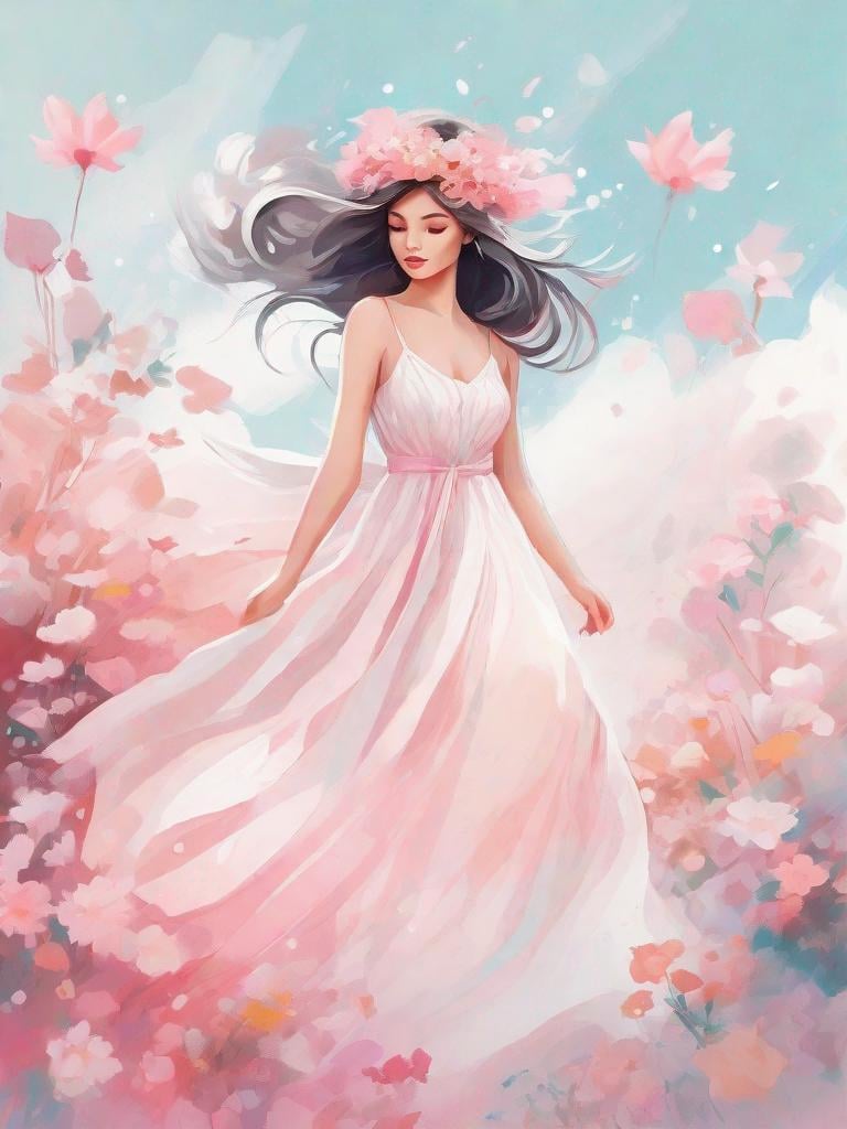 Prompt: A detailed illustration of a print of a beautiful girl whit a long dress , fantasy flowers splash, modern t-shirt design, in the style of Studio Ghibli, light white and pink pastel tetradic colors, 3D vector art, cute and quirky, fantasy art, watercolor effect, bokeh, Adobe Illustrator, hand-drawn, digital painting, low-poly, soft lighting, bird's-eye view, isometric style, retro aesthetic, focusedon the character, 4K resolution, photorealistic rendering, usingCinema 4D