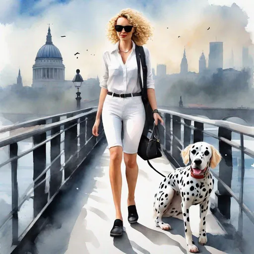 Prompt: a beautiful slim lady with blond curly hair wearing sunglasses, black trousers with a white shirt on top. Fashionable black shoes on. Walking across the bridge with a Dalmatian dog. Top of the letters(( Walk )) ((watercolor background presented in artstation,)) ultra detailed, digital graphic, photorealistic, ultra-realistic, 32K, 18K, HD, HDR, UHDR    