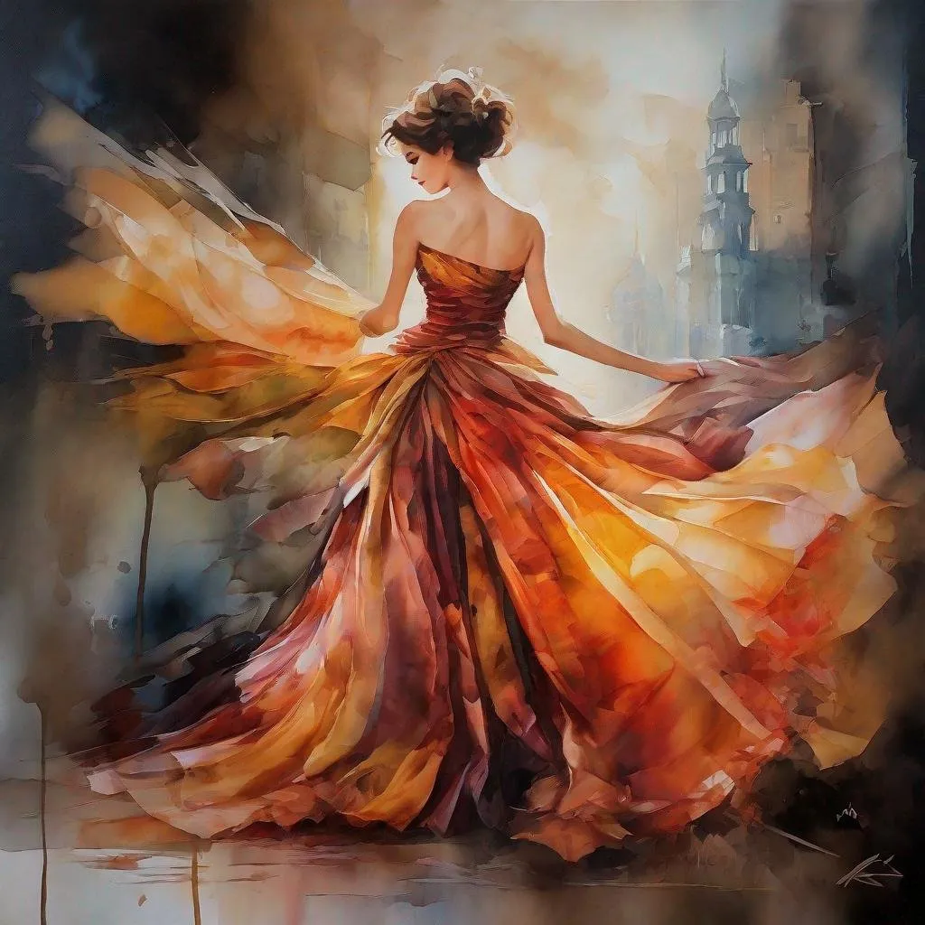 Prompt: A night at the opera fantasy oil painting, watercolor silk chiffon layered dress  Using the pasted brushstroke. warm colors  art by Krenz Cushart 