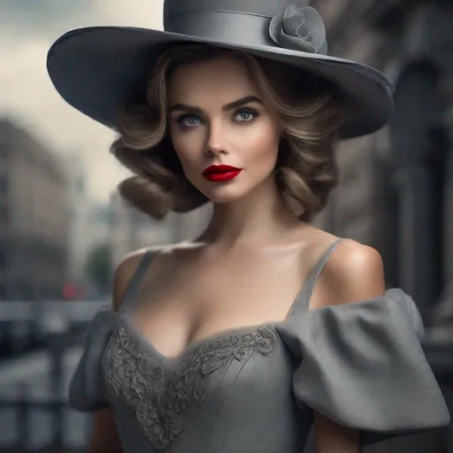 Prompt: Hollywood photo Perfect eyes, detailed eyes, bright red lips, front face, frontal look, full pose, fantastic face, beautiful look, detailed elegant dress, slate Victorian formal dress, elegant hair up, cute little hat, toned background blurred grays, ultra focus, illuminated face, detailed face, 8k resolution, artstation trend, 8k art photography, photorealistic concept art, soft and perfect natural volumetric cinematic light, realistic and vivid colors, highly detailed,  art by Charlie Bowater 