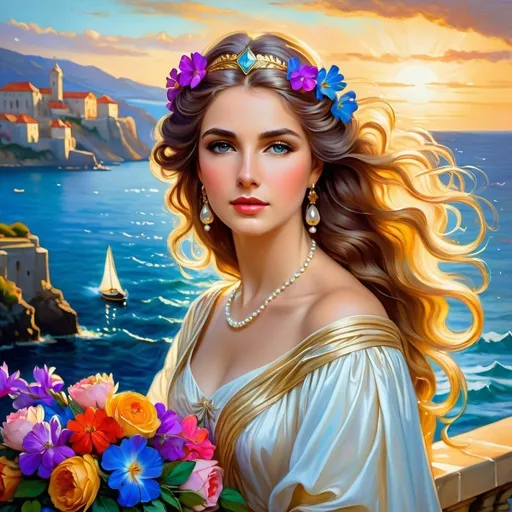 Prompt: A beautiful modestly dressed grecian maiden portrait, sad with tears, flowers and pearls in her long windblown hair, in a courtyard with flowers by the sea, a boat on the sea, a castle on a cliff in the distance, colorful, vibrant, irridescent, glowing, sparks of gold thread rising in the air.style of  Andrew Loomis anf rembrand