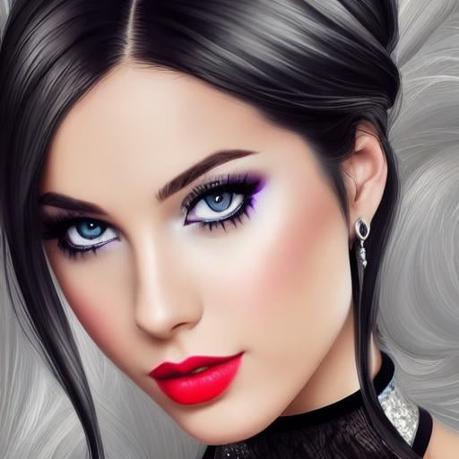 Prompt: voguestyle,| Young female, defined facial features, beautiful eyes,  black hair with silver highlights, defined and well structured.  high-heeled shoes,   digital illustration, extreme detail, digital art,  photography,