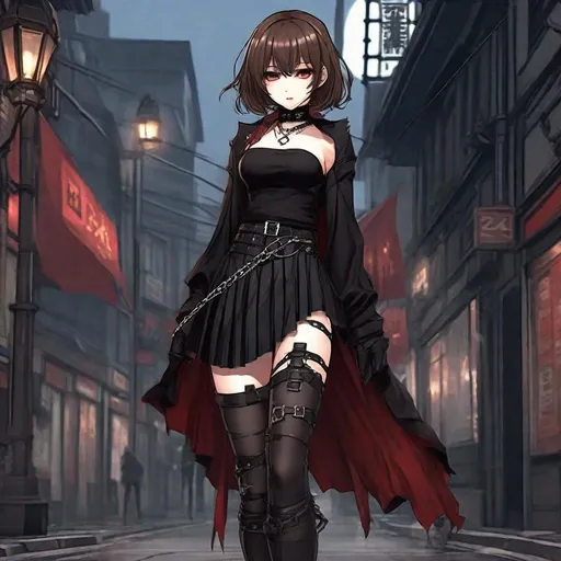 Prompt: Anime girl with brown hair, various gothic chokers around neck, Red silk strapless shirt with pattern on front, long flared sleeves, Black pleated skirt held up by thin leather belt, thin chains hanging around front hip Light lace on left leg Mid-calf mesh stockings. Fingerless leather glove on left hand. 
walking down a street, anime style 4k, badass anime 8k, anime style. 8k, best anime wallpaper 4k konachan, anime style 3d, anime art wallpaper 8 k, cyberpunk anime girl, 4k anime wallpaper, anime wallpaper 4k, anime wallpaper 4 k, anime wallpaper 4 k, trending on artstation pixiv