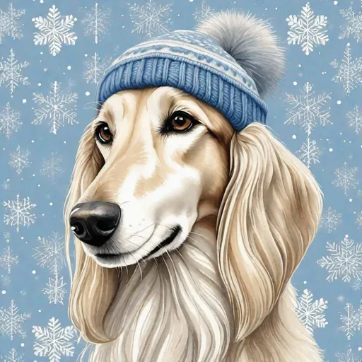 Prompt: Illustration of a light and dark cream Saluki dog wearing a silver blue knitted hat with a large pom pom on top - Christmas background Art by Cicely Mary Barker 