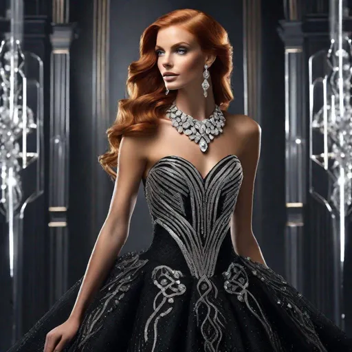 Prompt: fashion design  tanned redhead wearing black, silver iridescent off shoulder prom dresses with diamonds, floor length, wears matching jewelry including necklace, trending on artstation, sharp focus, studio photography, intricate details, very detailed, by greg rutkowski