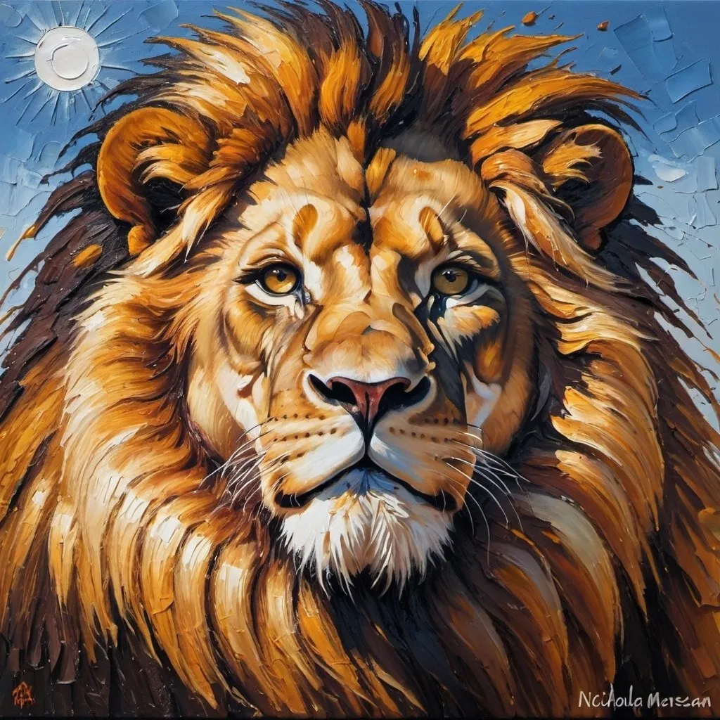 Prompt: painting of a lion with a sun in the background, with the mane of a lion, the mane of a lion, intricate oil painting artwork, impasto oil painting, leonid, by Nicholas Marsicano, highly textured oil painting, covered in oil painting, amazing art, crown!! oil painting, painted with a palette knife, detailed impasto, breathtaking art