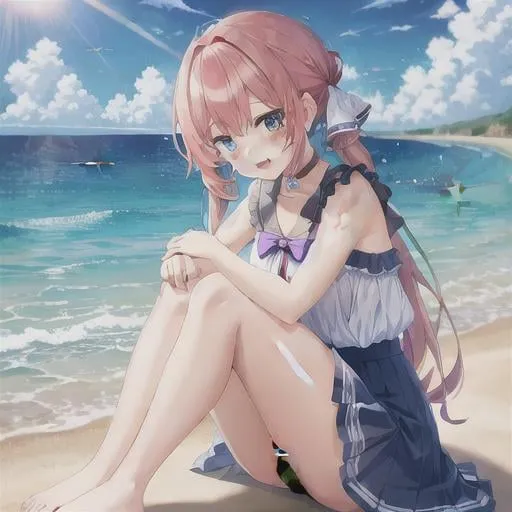 Prompt: Anime girl playing at the sea