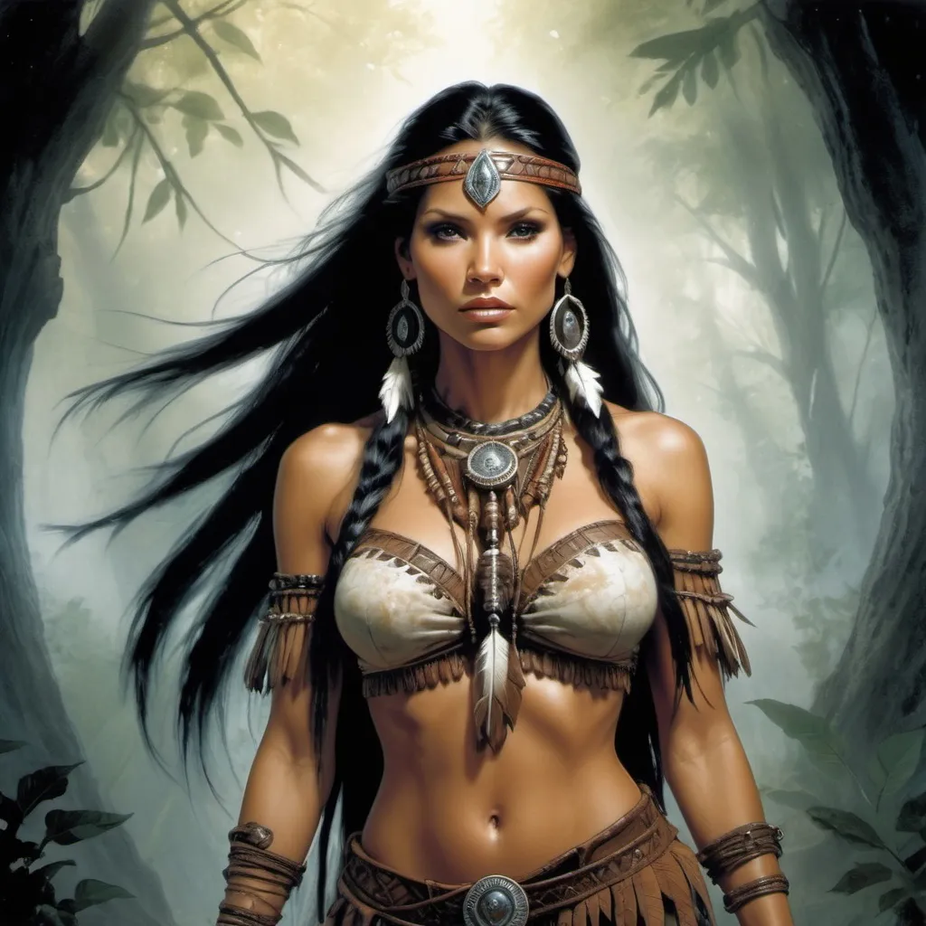 Prompt: Pocahontas portrayed in a Luis Royo-style illustration, standing tall in her tribal attire that mirrors the appearance of Charisma Carpenter, background featuring elements of nature typical in a Royo universe, intricate tribal motifs, soft yet intense shadows casting over her strong features, volumetric lighting highlighting her flowing hair and the textures of her outfit, ultra-detailed, cinematic.