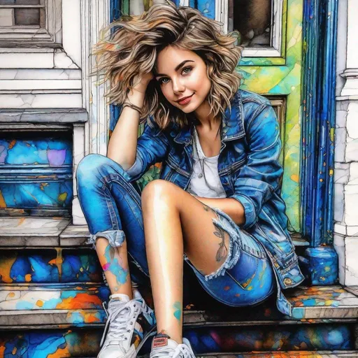 Prompt: (A fantastical coloured ink sketch portrait of a girl with tousled short wavy hair),(detailed eyes and baggy jeans sitting on a city stoop),
((( Hyperrealistic and hyperdetailed elements, impressionistic masterpiece, colour splash and ink splatter techniques, vibrancy and texture,
very cute pencil sketch Pencil and ink Child Pen and ink wash Pencil and pastel sketch Water colour ))),((((32K, 18K, digital graphics, HD, HDR, UHDR ))))  style art by Jasmine Becket-Griffith  Josephine Wall, Charlie 