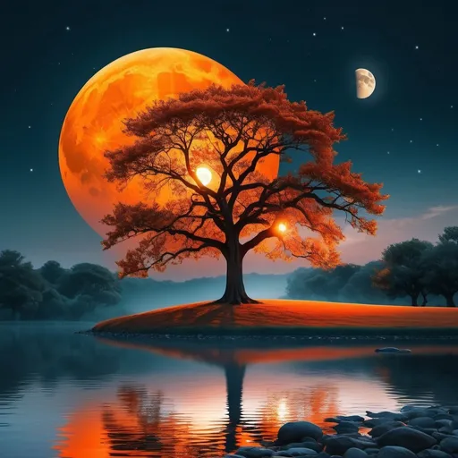 Prompt: Enchanted digital scene: Lone, fiery orange tree under oversized moon against dusky sky. Water reflects scene, adding peace.**