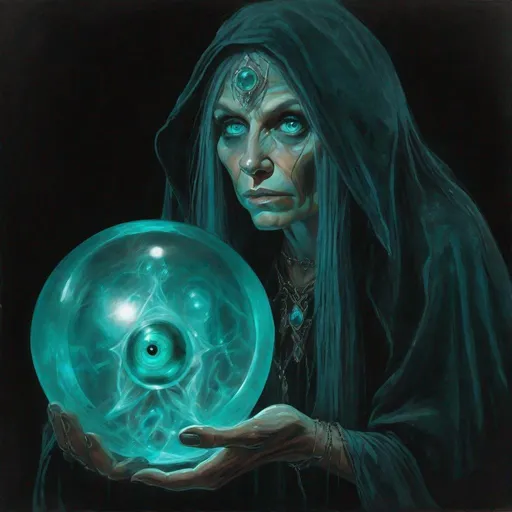 Prompt: Full view portrait, (A dark witch in the style of The Lord of the Rings movie). ((A large dark crystal ball in her hand which she is using to do divination. A dark turquoise glow emanates from the ball and is reflected in the witch's eyes and features. Eyes and the ball lit up from the inside out)), ((( mysterious, fantasy, soft turquoise smoke surround her, Black background ))), (((( 3D, photorealistic, ultrarealistic, 32K, 18K, digital graphics, HD, HDR, UHDR))))