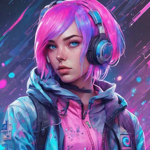 Prompt: Masterpiece, best quality, ultra detailed, extremely detailed, sharp focus, 1 girl, pastel galaxy purple hair, blue eyes, neon blue mix pink outfit,Cyber, Style art by Matt Wagner Abstract,starrystarscloudcolorful,add_detail:1, add_detail:0, add_detail:0.5