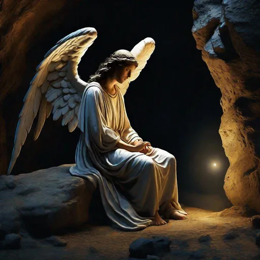 Prompt: Hyperrealistic, photorealistic, At night, highly detailed, sharp details, scene from 30 AD,
  An angel with a beautiful face is on the path before the cave in the stone
The angel said to the women: —Do not be afraid; I know that you seek Jesus, the one who was crucified. He is not here, for he has risen, just as he said. Come see the place where they put it.
  close view, a white fog, historical realism, intense, spectacular lighting, high resolution, detailed landscape, realistic textures, realistic atmosphere, illustration