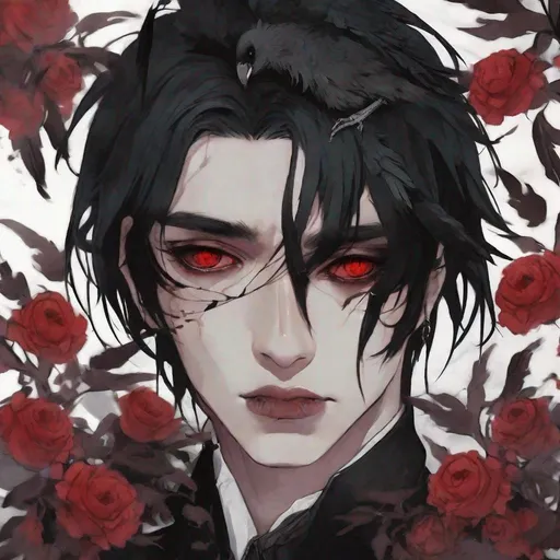 Prompt: gothic wallpaper, deep red flowers, young man's face, light brown skin, disheveled black hair with strands over his face, red eyes, black makeup, with a black vertical line that runs from the middle of his forehead to below the eyes. Black painted lips One (1) crow stands on its shoulder and in its beak carries an engagement ring (crow film 1994) photorealistic, ultrarealistic, 32K, 18K, digital, HD,