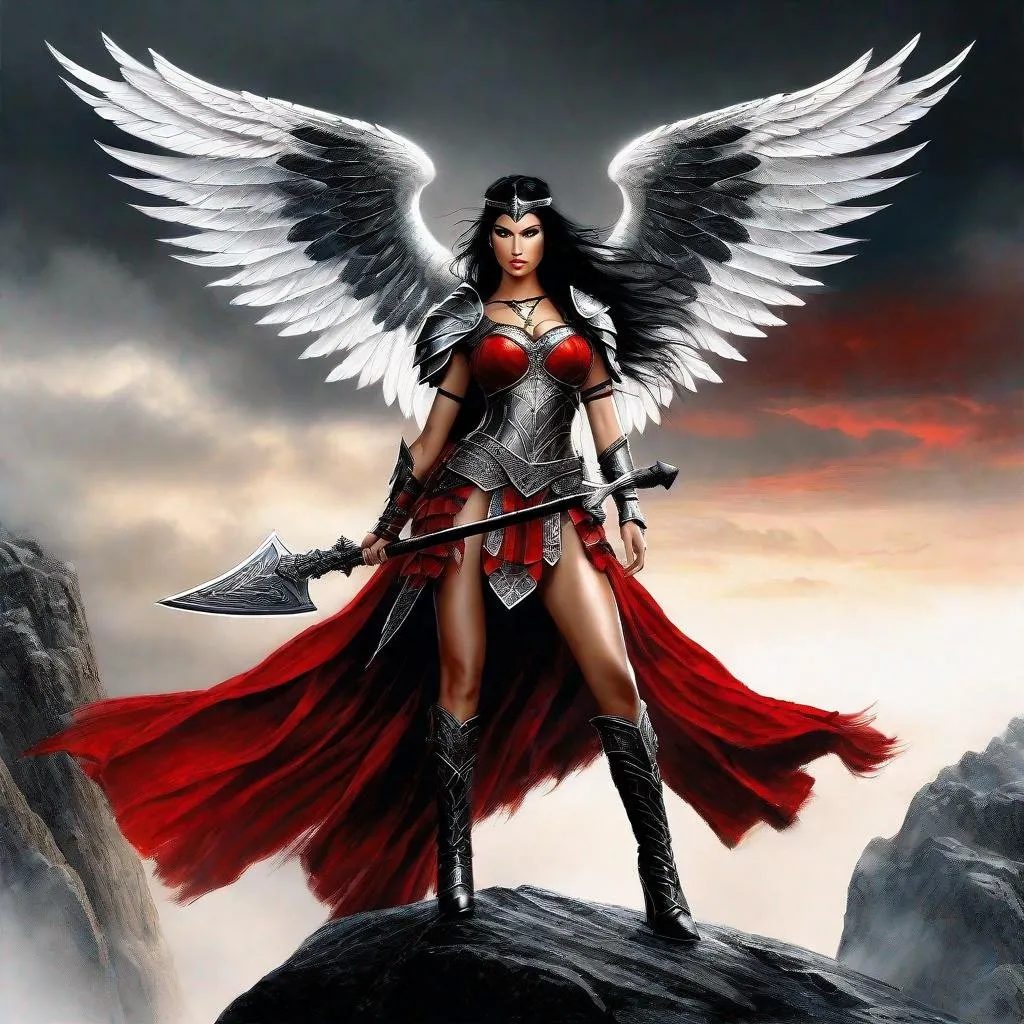 Prompt: digital illustration Valkyrie standing on a rock looking into the distance, red armor black hair. two perfect wings, the famous Valkyrie Axe. This double-edged axe, by Luis Royo