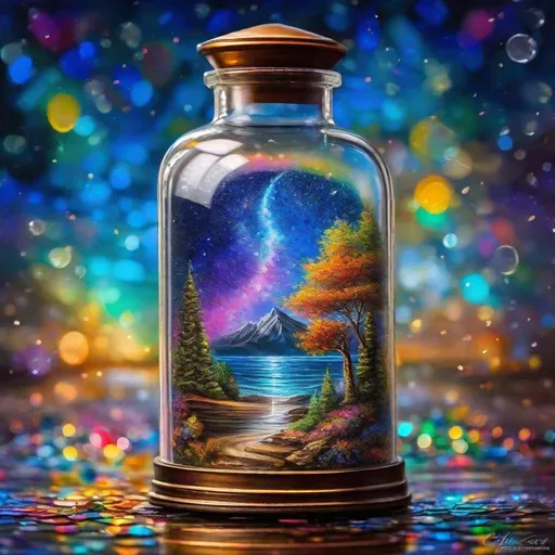 Prompt: "Time In A Bottle" : "Get It While You Can" | mixed media (Acrylic + Glitter) | Amazing Depth, Unique, Artistic and Breathtaking Composition | amazing background, accurate description, HDR, insanely detailed, award-winning masterpiece, polished, colorful, trending on Artstation"