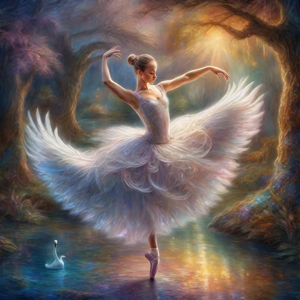 Prompt: (Ballerina) dancing with a (swan), artstation, concept art, sharp focus, smooth, digital painting, HD, HDR, UHDR style by Josephine Wall