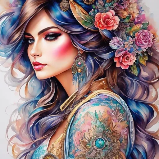 Prompt: "a watercolor painting of a woman with tattoos, a watercolor painting, inspired by Sandra Chevrier, fantasy art, boho chic | | very anime!!!, digital airbrush painting, turban, hippie fashion, alphonse mucha and rossdraws