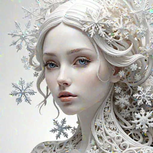 Prompt: A beautiful white female 3D sculpture against a white background, whimsical snowflakes fused throughout the sculpture, Stephanie Law style of hyperrealism, very intricate details, abstract vector fractal, wave function, zentangle, 3D shading