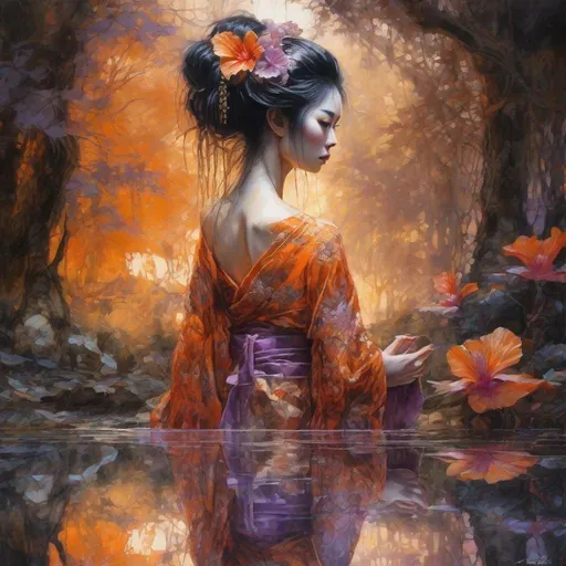 Prompt: Beautiful Geisha in orange lilac red and golden dress made of lace touching a mirrored reflection of herself, lace art, hibiscus pond, glowing forest background, dark hair, dark fantasy, intricate details, hyper detailed, Jean Baptiste Monge, Carne Griffiths, Michael Garmash, seb McKinnon, masterpiece