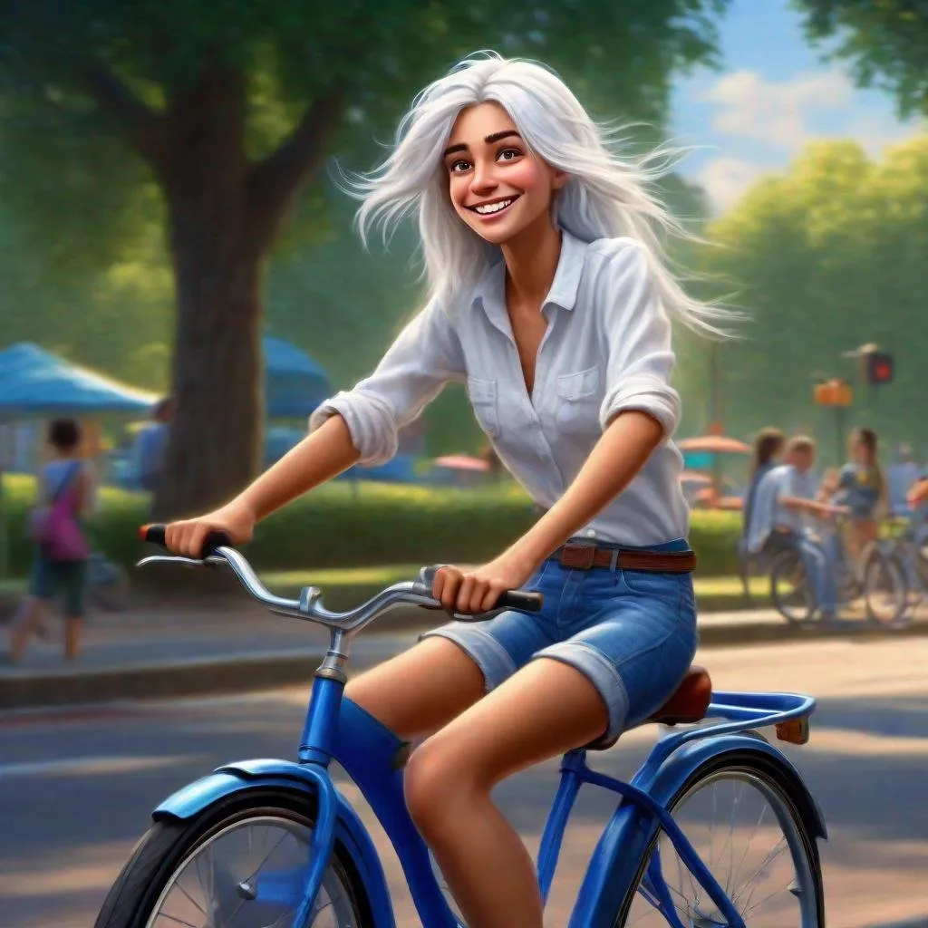 Prompt: Realistic painting Girl with loose and beautiful white hair, tanned skin, white shirt tied with a knot over blue jeans. Small waist, thick legs riding a bicycle pedaling through a park She is happy Pixar style ((((ultra detailed, photorealistic, ultrarealistic, 32K, 18K, digital graphics, HD, HDR, UHDR ))))