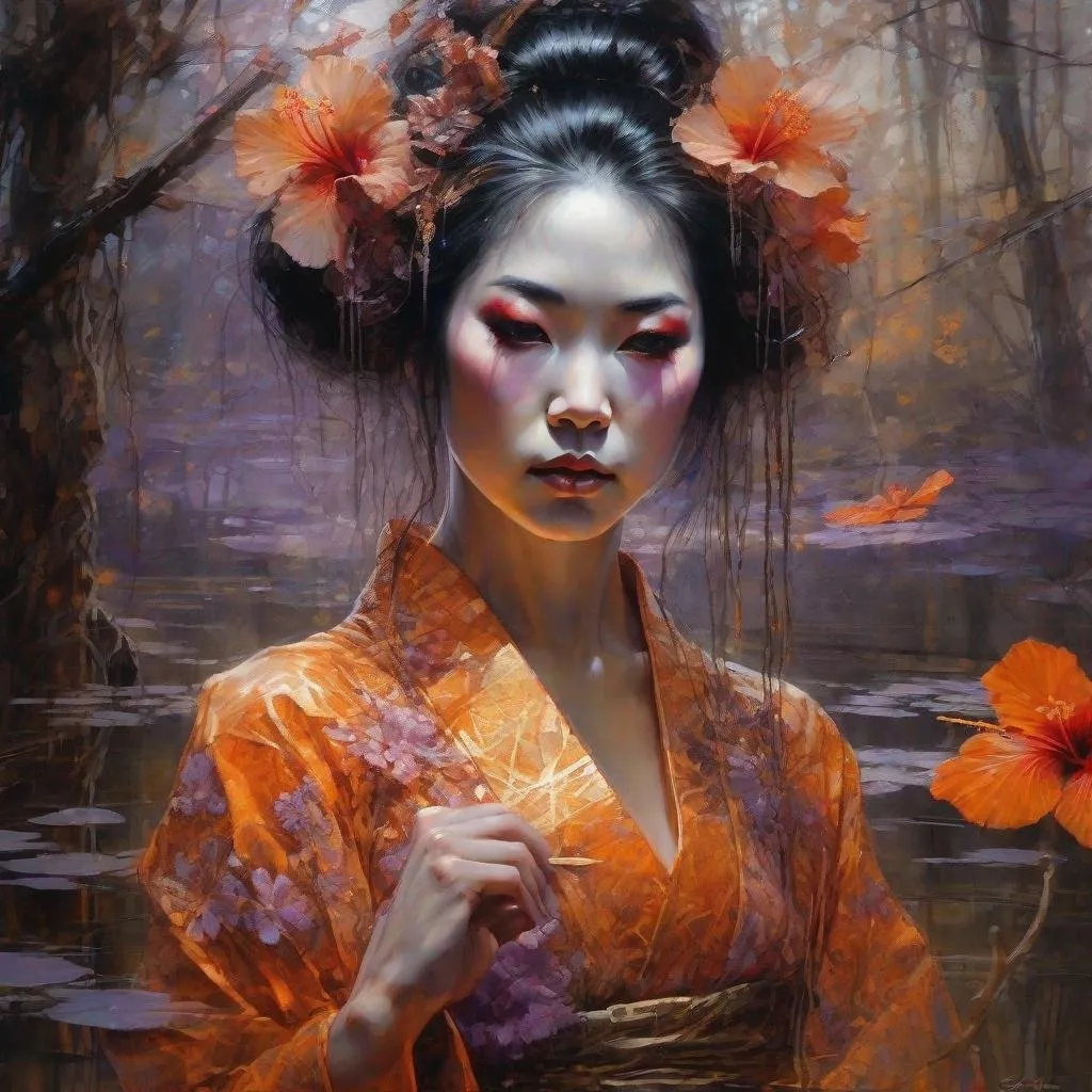 Prompt: Beautiful Geisha in orange lilac red and golden dress made of lace touching a mirrored reflection of herself, lace art, hibiscus pond, glowing forest background, dark hair, dark fantasy, intricate details, hyper detailed, Jean Baptiste Monge, Carne Griffiths, Michael Garmash, seb McKinnon, masterpiece