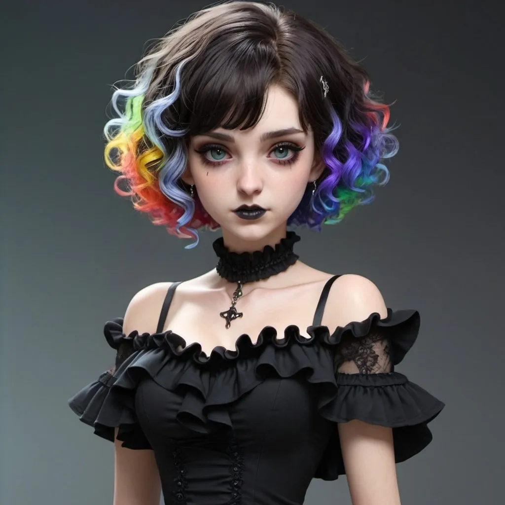 Prompt: Niji style: masterpiece, Best quality, 1 girl, gothgal, Ruffled dress, 8K multicolor short curly hair, A high resolution,