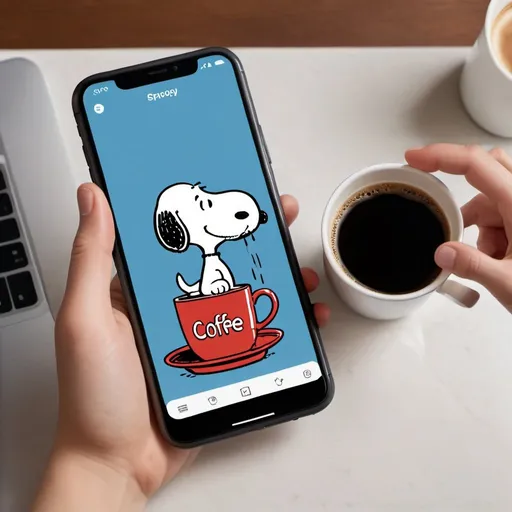 Prompt: A mobile phone visualizing a coffee cup and a Snoopy character on its screen. A hand is pouring real coffee from a jug into the cup visualized on the phone screen, creating an illusion as if the coffee is pouring into the cup on the screen.