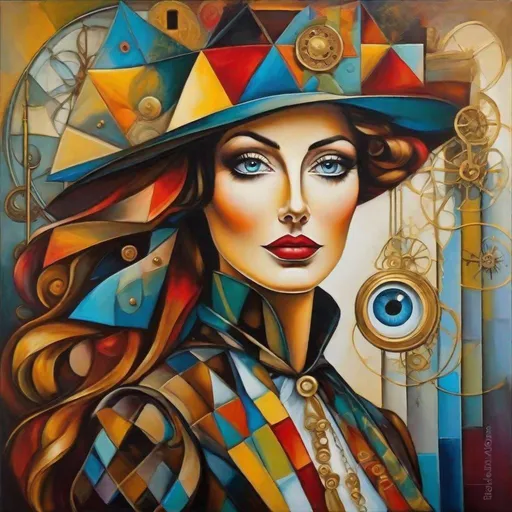 Prompt: Steampunk harlequin Surreal Patchwork of a Woman, with big colorful eyes, by Meghan Duncanson and Jennifer Lommers and Didier Lourenço surrealism Salvador Dali surrealism Salvador Dali matte background melting oil on canvas