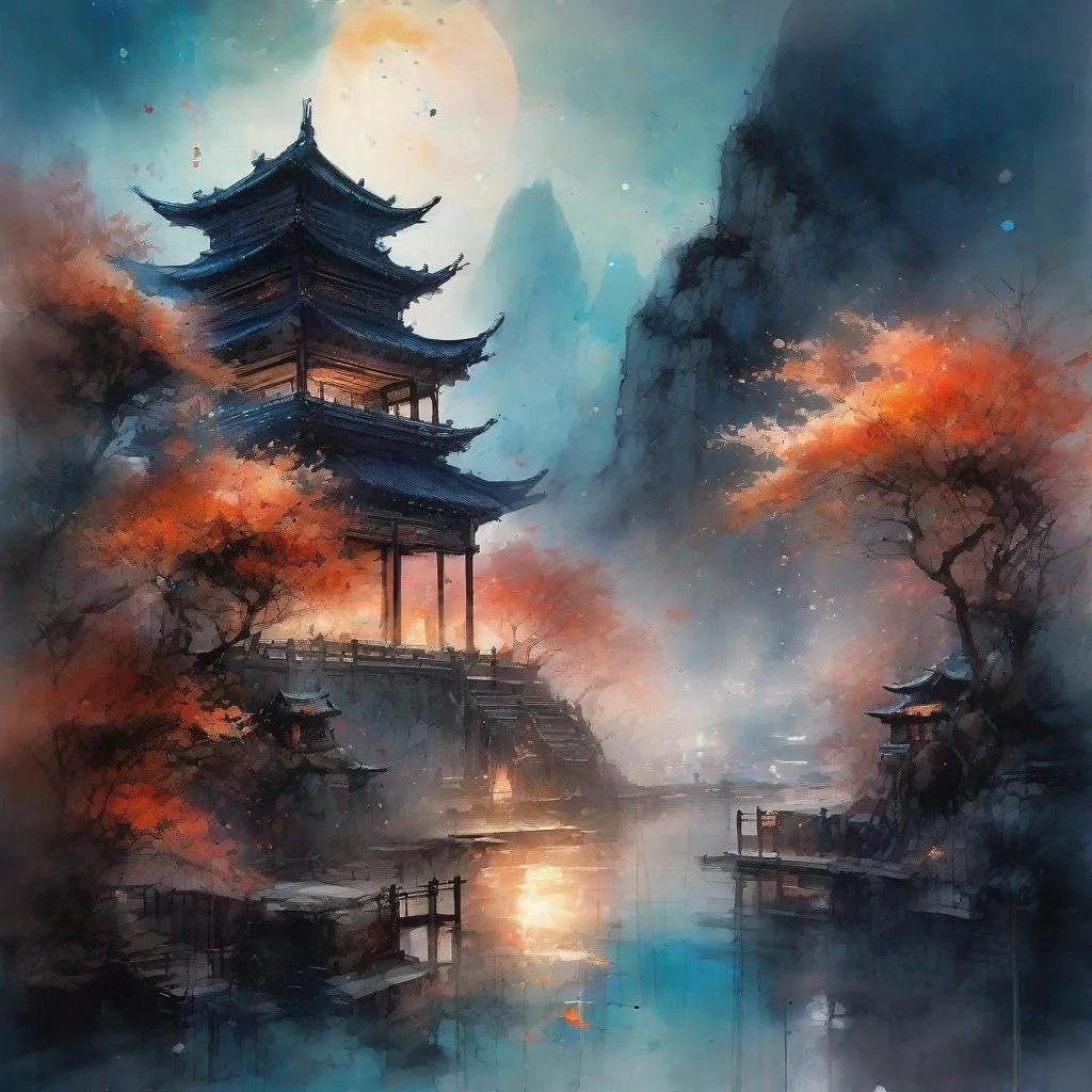 Prompt: (((epic chinese Palace)) landscape trending on art station cinematic glowing twilight nighttime blue moon large dramatic sunset light mystic fog autumn colorful sky illuminating constellations crystal sky dark shadows amazing lighting sea trees autumn leaves crystal lustrous waters receding beachside tide (magical painting glowing falling sakura grand:1.3) particles flying around fire watercolor by JB Waterhouse Carne Griffiths Liu Kuo-Sung