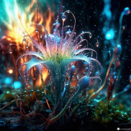 Prompt: Surreal glowing magical plants  shooting ghostly flames out of them. Insanely detailed, abstract magical fantasy, dew drops, cosmic, irridescent, bioluminescent glow, sparkles, Tim Burton Carne Griffiths, high detail complexity, splash screen, 64 megapixels, HDR, CGSociety, fantasy photography