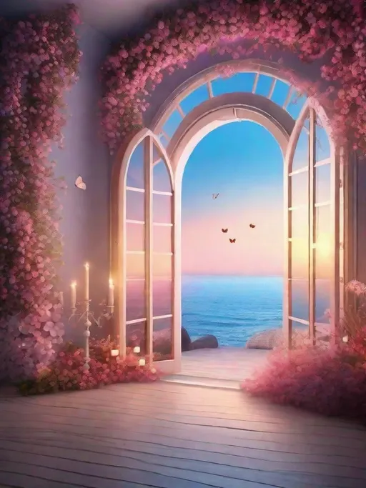 Prompt: a room  whit most flower with an arch surrounded by flowers and lanterns and a curtain with shaded colors from blue to pink, with a sea and sunset view, gradient effect, fairy-tale atmosphere, enchanted atmosphere, super romantic atmosphere, butterflies, (((fantasy))), haze effect 