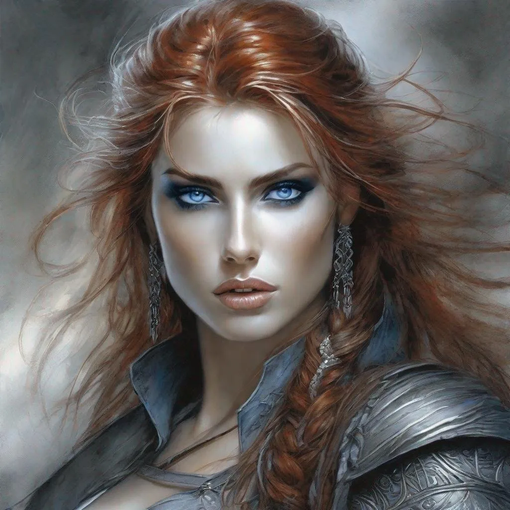 Prompt: digital illustrationWarrior woman dressed in gray, reddish hair, big blue eyes, Expression of hate, By Luis Royo 