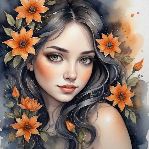 Prompt: A hidden smile, a secret, who knows?
Idee von Sady Sadness .
Watercolors completely dark. orange colors and flowers. No background. Captured with exquisite detail on a canvas painting, the mesmerizing image evokes a sense of wonder and enchantment, showcasing the exquisite beauty of this unique creature.
3D, Magical, Fabulous, Masterpiece Painting, Highly Detailed, Captivating, Enchanting, Diffuse Light, Perfect Composition, Watercolor, Trending on Artstation, Sharp Focus, Studio Photo, Intricate Details, Highly Detailed, by  Jasmine Becket-Griffith
 Watercolor, Trending on Artstation, Sharp Focus, studio photo, intricate details, very detailed