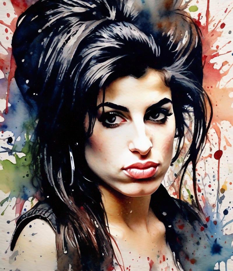 Prompt: A closeup of   young Amy Winehousein  Perfect Composition, beautiful watercolor painting on a watercolor paper, splash art, intricately detailed, elegant, detailed, realistic brush strokes, wet brush, wet wash, impressioni