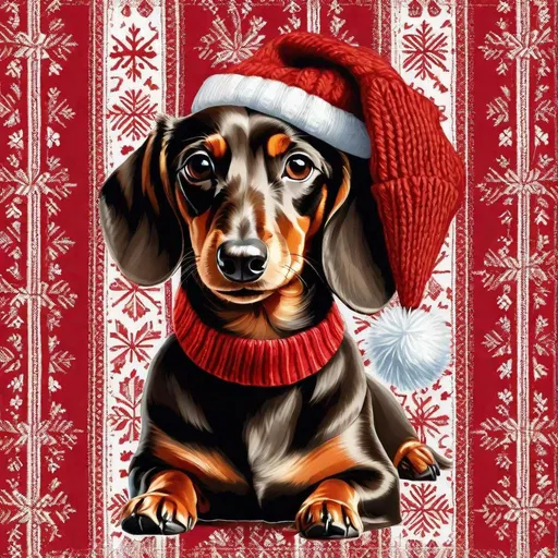 Prompt: of a chocolate color  Dachshund  dog wearing a red and white knitted hat with a large pom pom on top - Christmas background Art by Cicely Mary Barker 