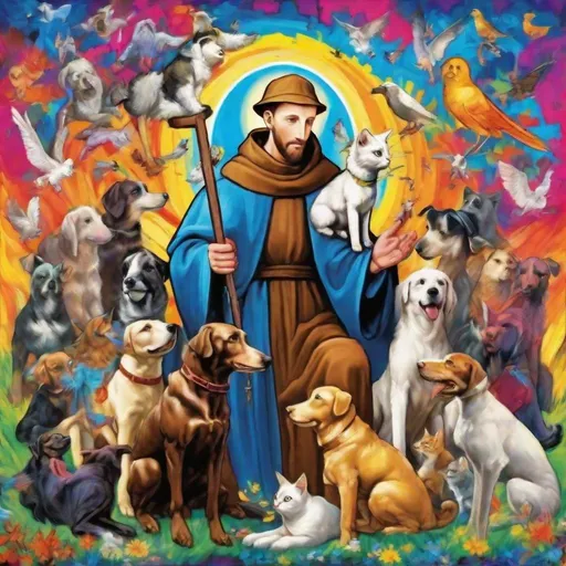 Prompt: Saint Francis of Assisi, the protector of animals. Surrounded by dogs, cats, goats, birds masterpiece, Splash art, colorful, colorful splash art, A