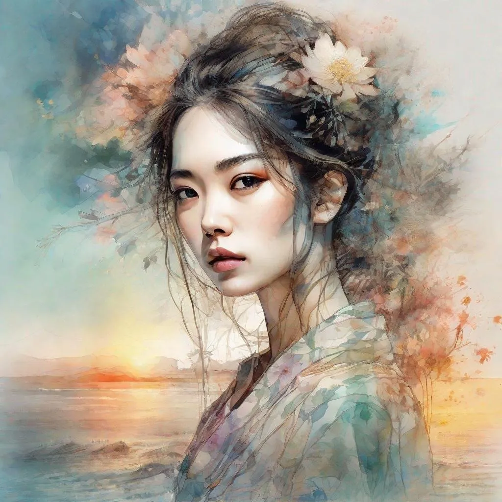 Prompt: apanese princess portrait, Digital watercolor Illustration of a summerscape sunset, by Waterhouse, Carne Griffiths, Minjae Lee, Ana Paula Hoppe, Stylized watercolor art, Intricate, Complex contrast, HDR, Sharp, soft Cinematic Volumetric lighting, flowery pastel colours, wide long shot, perfect masterpiece. fashion editorial