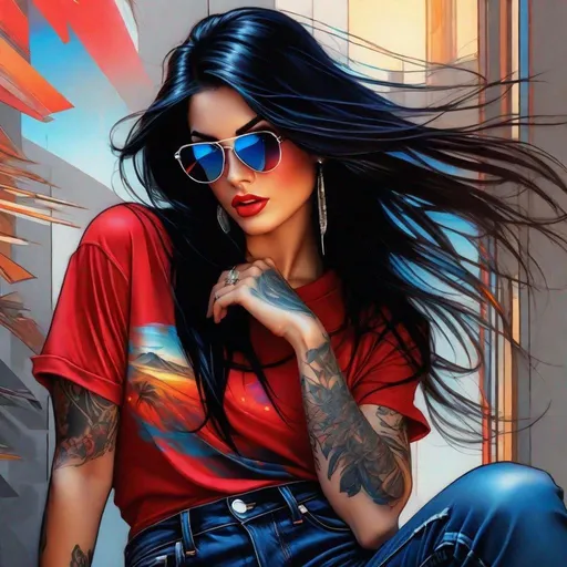 Prompt: Young long black hair, fine features and beautiful arms tattooed sunglasses. short red t-shirt, black blue jeans shorts, watch in left hand standing against a grey wall. 

omplementary colours. Sunset art art by Krenz Cushart and Matt Wagner volumetric lighting holographic holographic

art in the style of J. Scott Campbell and Luis Royo 