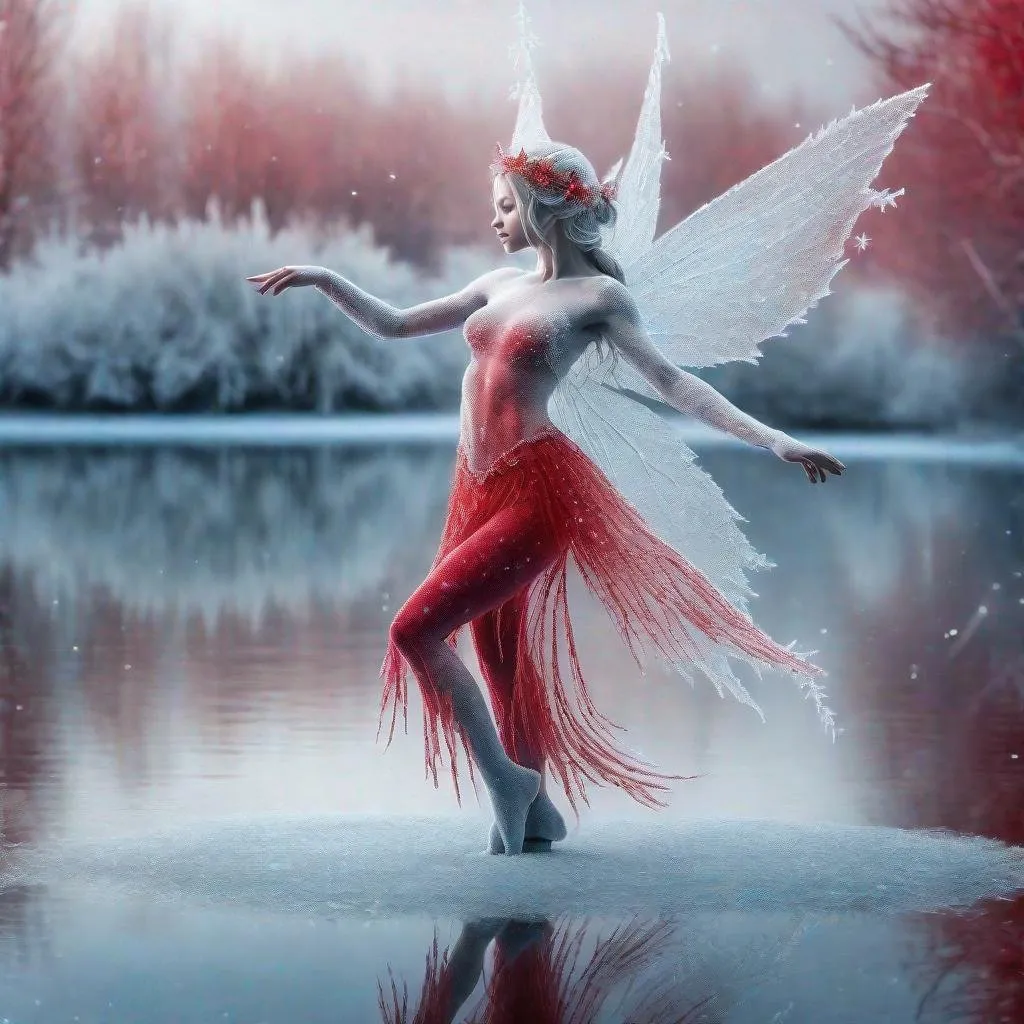 Prompt: incredibly beautiful frost fairy dancing on a lake, color scheme red, frosted overlays, allover filter creating a red schade on everything, highly detailed, extremely realistic, photorealistic, high resolution, symmetrical, beautiful