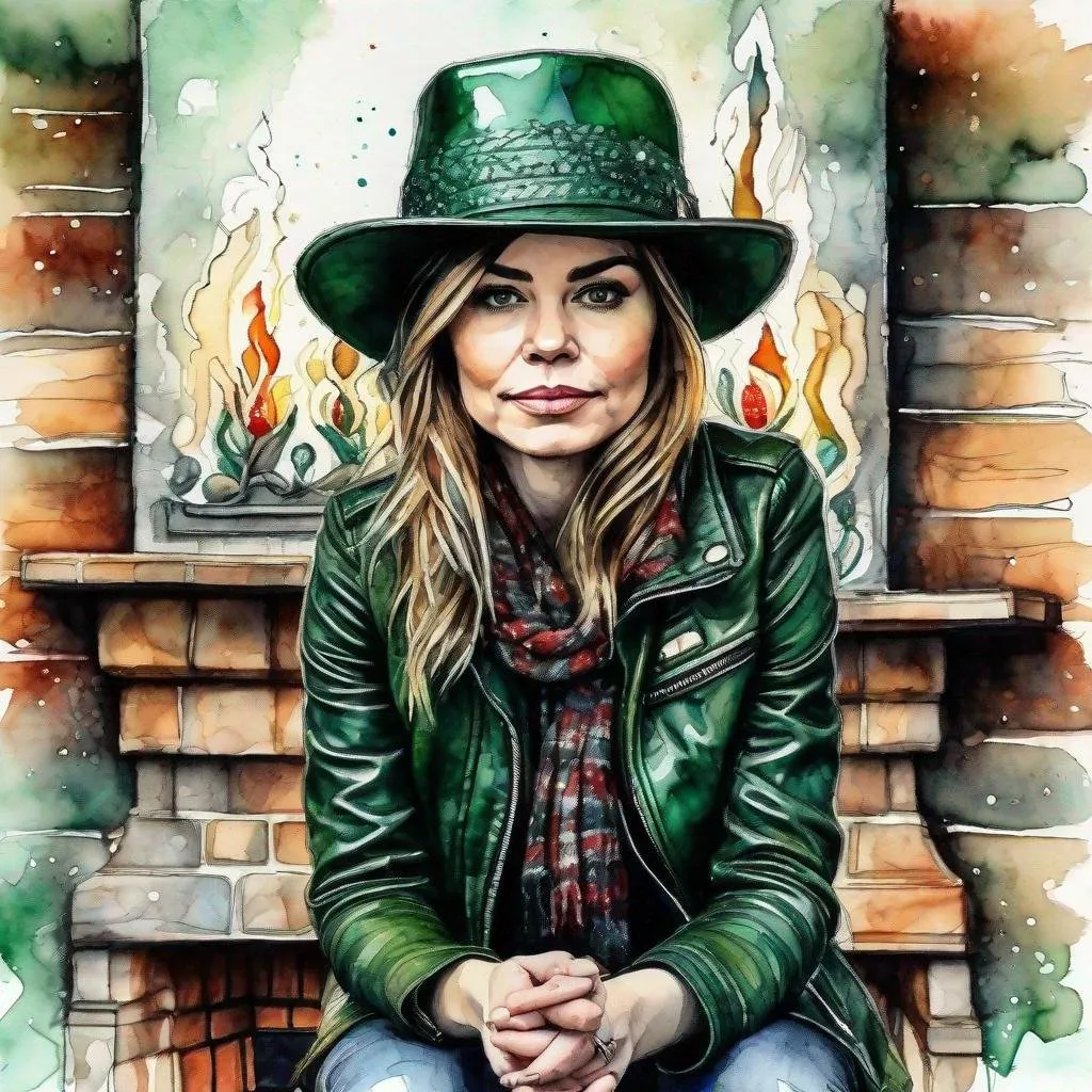 Prompt: Beautiful girl in dark green leather jacket and woven hat of the same color 3/4 face sitting in front of a fireplace at Christmas line ink and watercolor by , Carne Griffiths, Mab Graves Stylized splash art, Intricate, Complex contrast, HDR, Sharp, soft Cinematic Volumetric lighting, complimentary blended colors, wide long shot, perfect masterpiece".