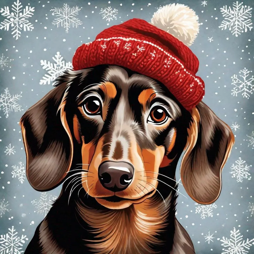 Prompt: of a chocolate color  Dachshund  dog wearing a red and white knitted hat with a large pom pom on top - Christmas background Art by Cicely Mary Barker 