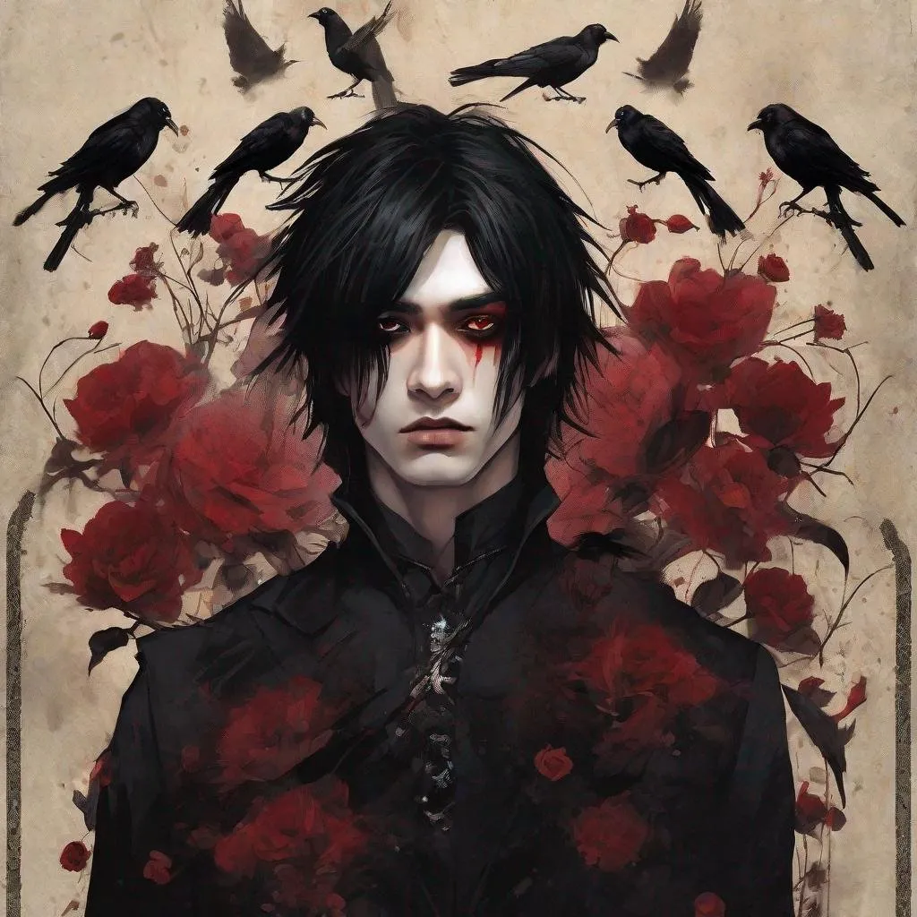 Prompt: gothic wallpaper, deep red flowers, young man's face, light brown skin, disheveled black hair with strands over his face, red eyes, black makeup, with a black vertical line that runs from the middle of his forehead to below the eyes. Black painted lips One(1) crow standing on her shoulder with its beak open (crow movie 1994) photorealistic, ultrarealistic, 32K, 18K, digital, HD,